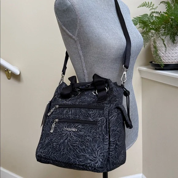 Baggallini Charcoal Floral Crossbody Bag. (Modern EWY Drawstring Bag) - Picture 2 of 16